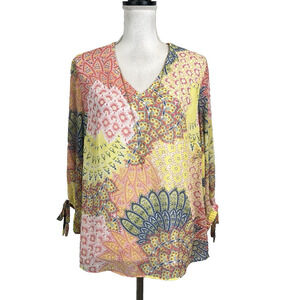 JM Collection Blouse Tunic size Large Pink Yellow Paisley Sheer Necklace Peasant